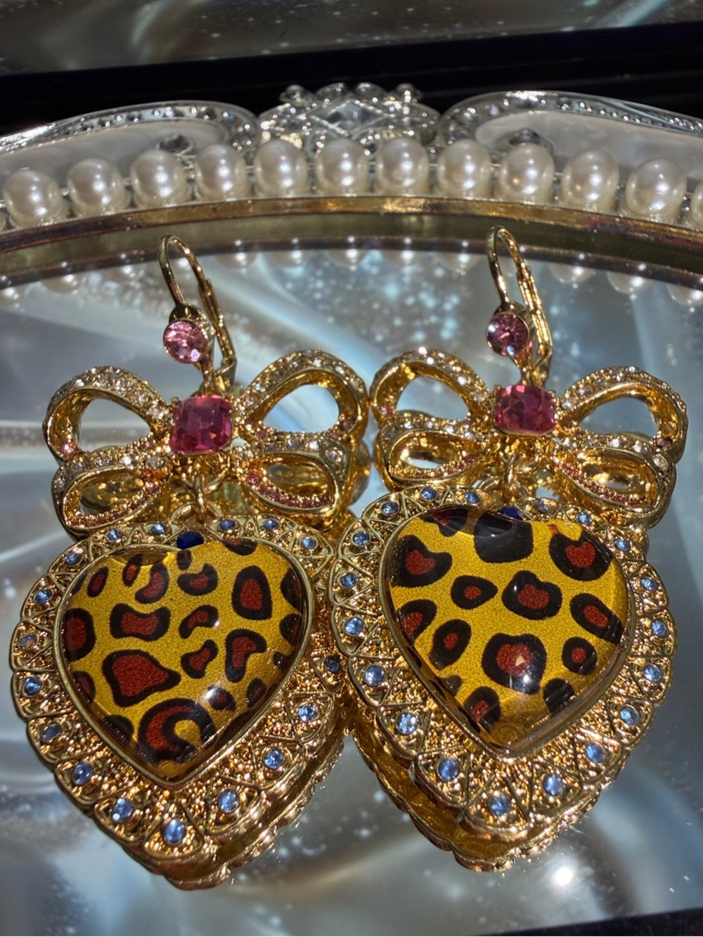 Gold Bow Heart Leopard Print Drop Earrings - Pink & Gold